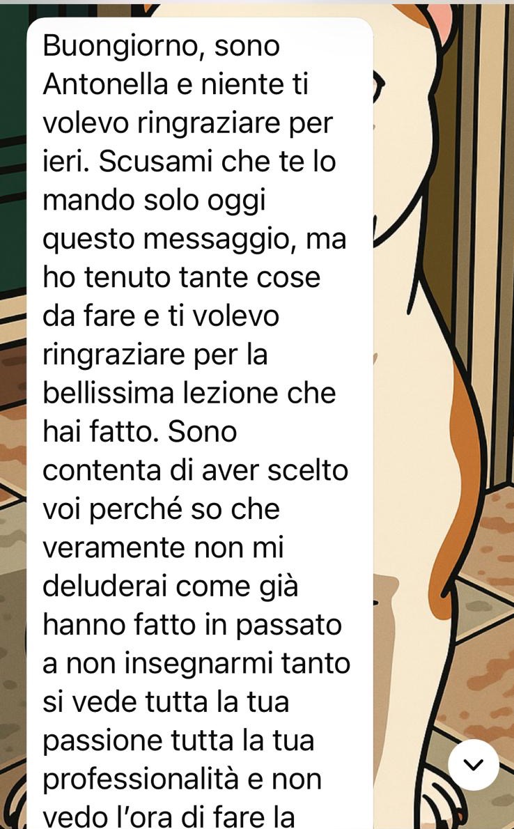 Messaggio WhatsApp di un'allieva del percorso Nails: «Sono contenta di aver scelto voi… si vede tutta la tua passione, tutta la tua professionalità»